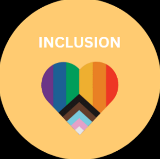 Heart with Pride colors and the word INCLUSION on an orange background.